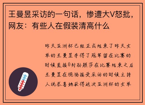 王曼昱采访的一句话，惨遭大V怒批，网友：有些人在假装清高什么