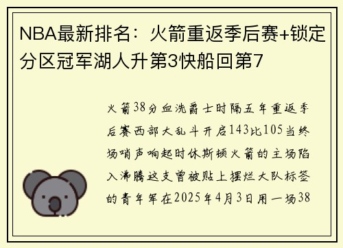 NBA最新排名：火箭重返季后赛+锁定分区冠军湖人升第3快船回第7