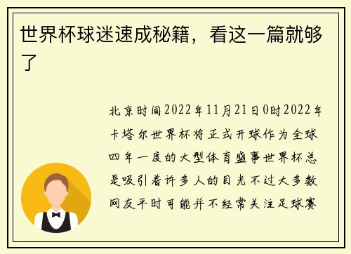世界杯球迷速成秘籍，看这一篇就够了