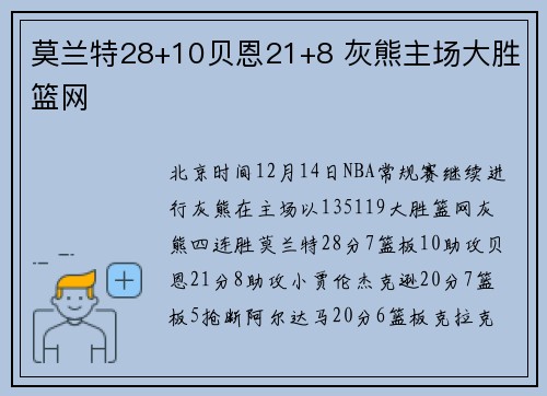 莫兰特28+10贝恩21+8 灰熊主场大胜篮网